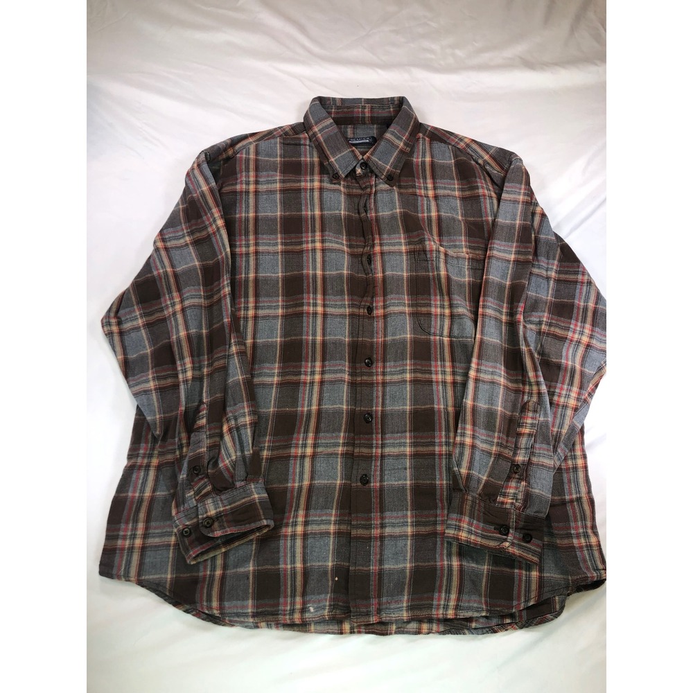 Premier International Mens Plaid Flannel Shirt XL Brown Grey Red Cotton L/S